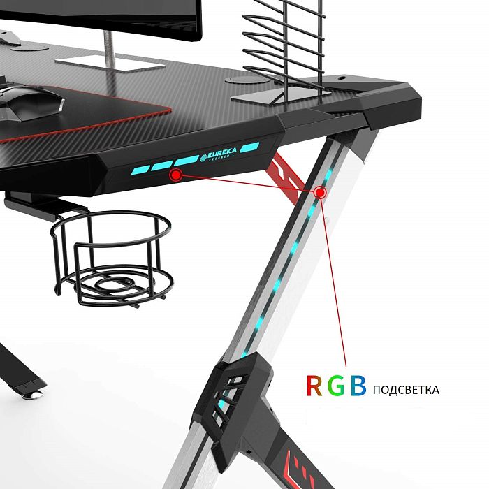 Стол для компьютера (для геймеров) Eureka R1 S с RGB подсветкой, чёрный - фото 2